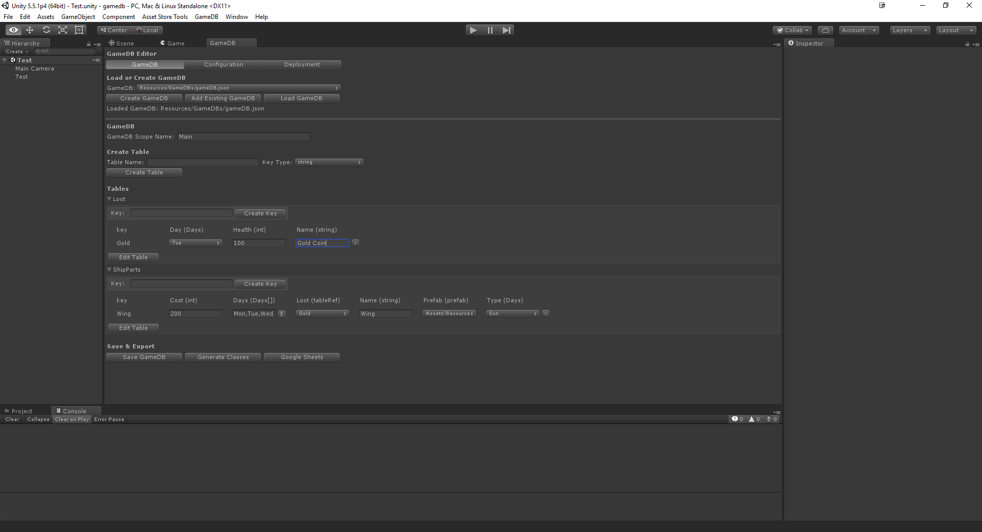 Screenshot of GameDB Unity Editor